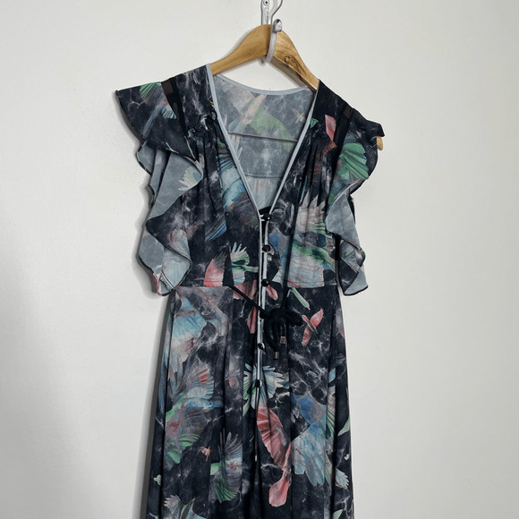 Hunter Bell Printed Harrison MIDI Floral Dress blue crepe abstract women's us 0 - Picture 2 of 9